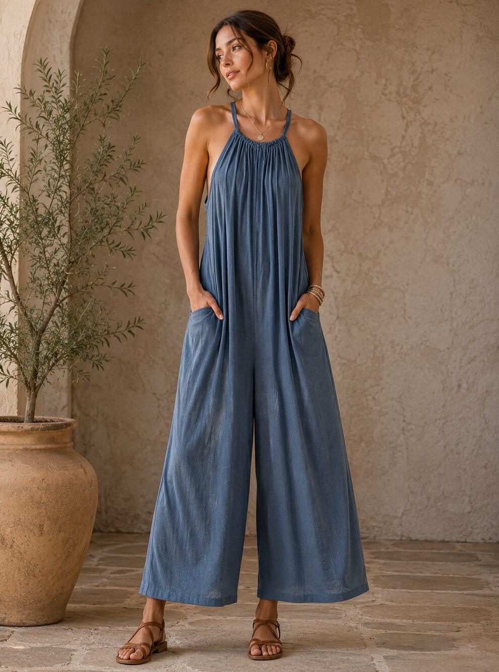 HD in Paris Anthropologie Jumpsuit Womens S Blue Wide Leg Tie Strap Maxi
